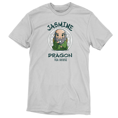 Premium Cotton T-shirt_TeeTurtle silver gray Jasmine Dragon Tea House apparel featuring Iroh holding a teacup.