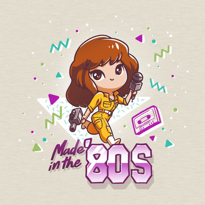 Premium Cotton T-shirt_TeeTurtle natural heather Made in the 80s apparel featuring April O'Neil from Teenage Mutant Ninja Turtles holding a camcorder and microphone with 90's elements in the background, such as a cassette tape, and the caption, "Made in the 80s".