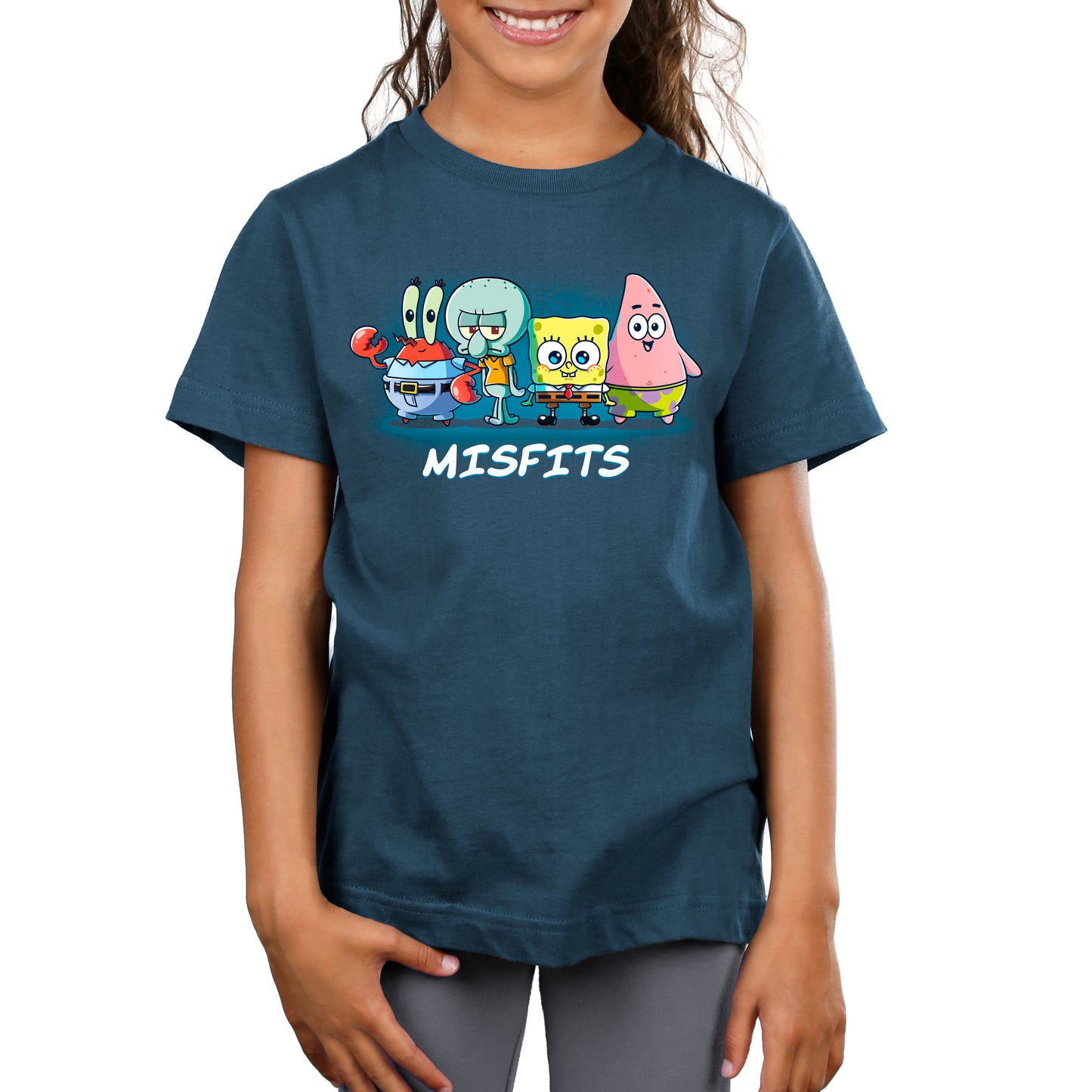 Premium Cotton T-shirt_TeeTurtle denim blue Misfits apparel featuring Mr. Krabs, Squidward Tentacles, SpongeBob SquarePants, and Patrick Star standing in a line.