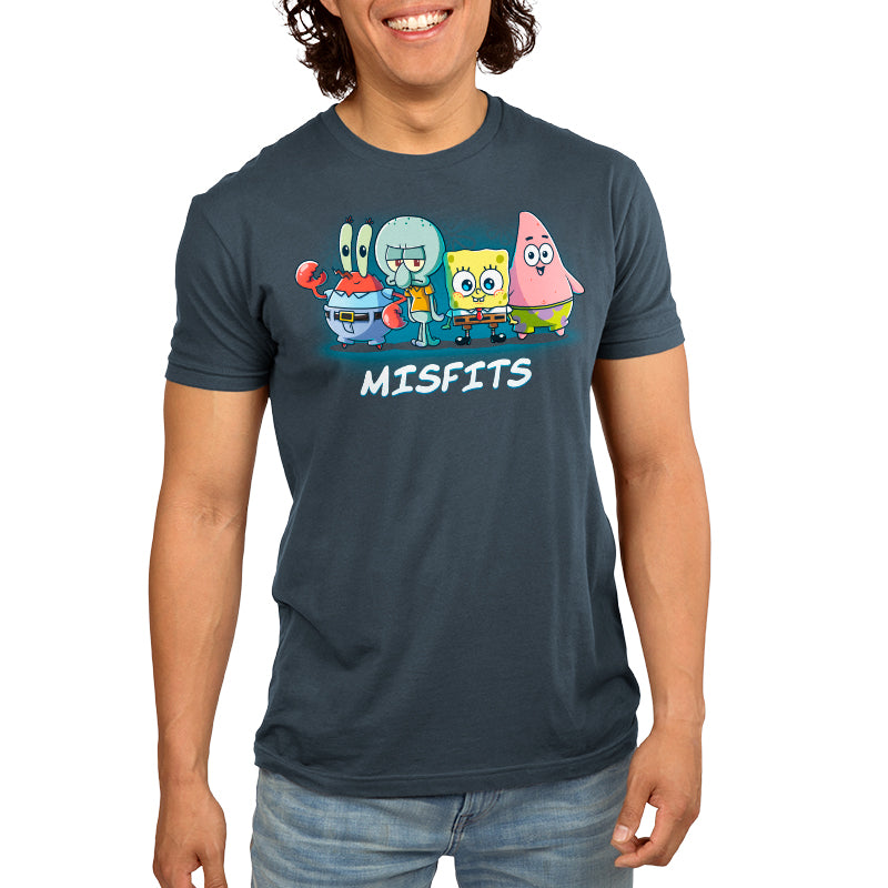 Premium Cotton T-shirt_TeeTurtle denim blue Misfits apparel featuring Mr. Krabs, Squidward Tentacles, SpongeBob SquarePants, and Patrick Star standing in a line.