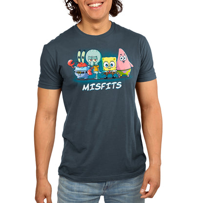 Premium Cotton T-shirt_TeeTurtle denim blue Misfits apparel featuring Mr. Krabs, Squidward Tentacles, SpongeBob SquarePants, and Patrick Star standing in a line.