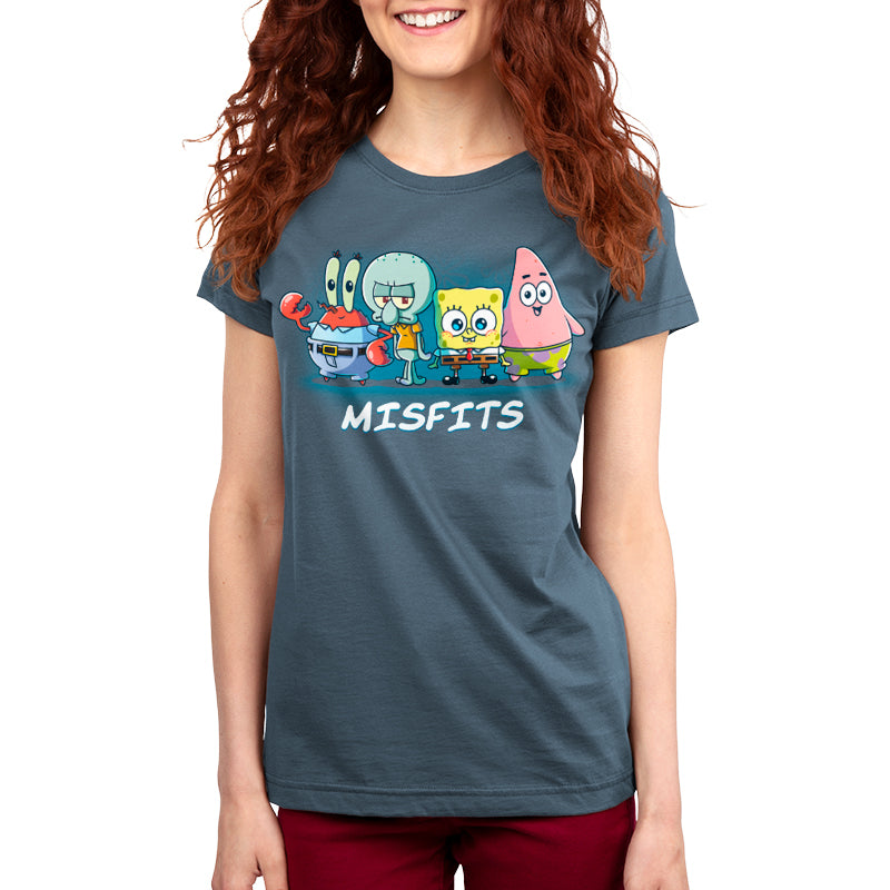 Premium Cotton T-shirt_TeeTurtle denim blue Misfits apparel featuring Mr. Krabs, Squidward Tentacles, SpongeBob SquarePants, and Patrick Star standing in a line.