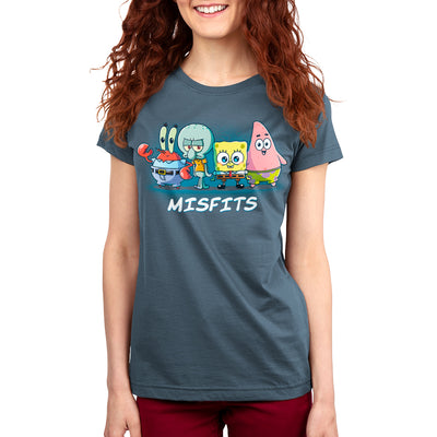 Premium Cotton T-shirt_TeeTurtle denim blue Misfits apparel featuring Mr. Krabs, Squidward Tentacles, SpongeBob SquarePants, and Patrick Star standing in a line.