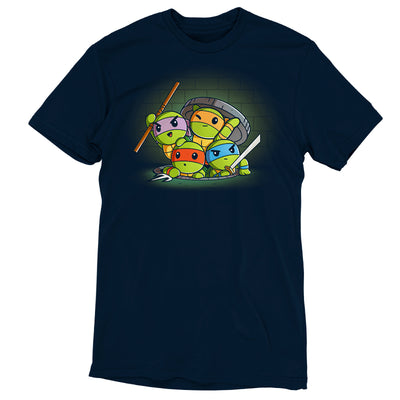 Premium Cotton T-shirt_TeeTurtle navy blue Turtle Time! apparel featuring Raphael, Leonardo, Michelangelo, and Donatello climbing out of a manhole.