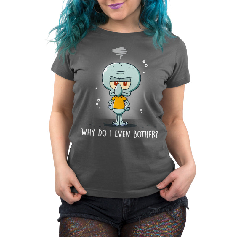 Premium Cotton T-shirt_TeeTurtle charcoal gray Why Do I Even Bother? apparel featuring Squidward with his tentacles on his hips with a grumpy expression.