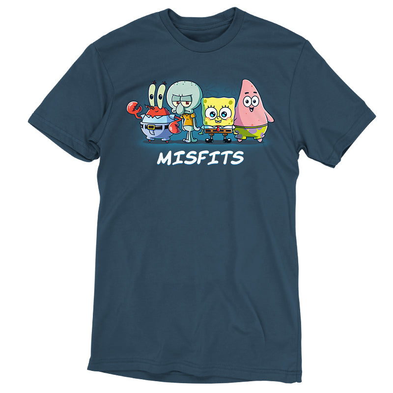 Premium Cotton T-shirt_TeeTurtle denim blue Misfits apparel featuring Mr. Krabs, Squidward Tentacles, SpongeBob SquarePants, and Patrick Star standing in a line.