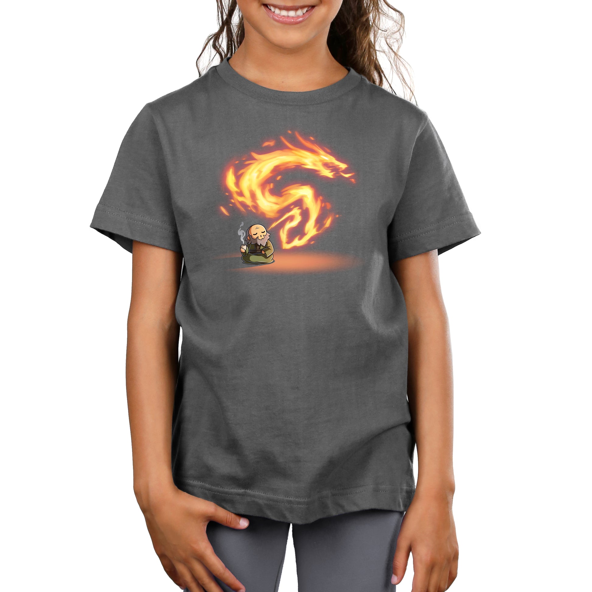 Premium Cotton T-shirt_TeeTurtle charcoal gray The Dragon of the West Premium Cotton T-shirt featuring Iron from Avatar: The Last Airbender who is sitting peacefully on the floor drinking tea and exhaling fire in the shape of a dragon. 