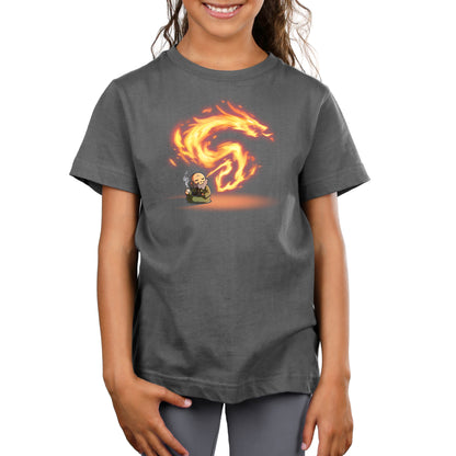 Premium Cotton T-shirt_TeeTurtle charcoal gray The Dragon of the West Premium Cotton T-shirt featuring Iron from Avatar: The Last Airbender who is sitting peacefully on the floor drinking tea and exhaling fire in the shape of a dragon. 