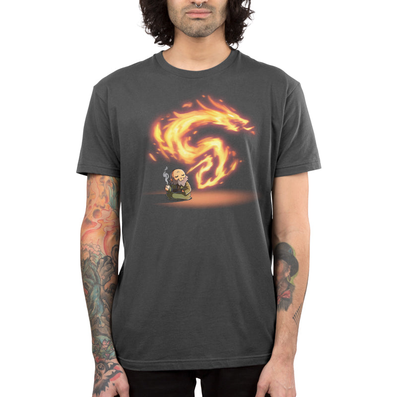 Premium Cotton T-shirt_TeeTurtle charcoal gray The Dragon of the West Premium Cotton T-shirt featuring Iron from Avatar: The Last Airbender who is sitting peacefully on the floor drinking tea and exhaling fire in the shape of a dragon. 