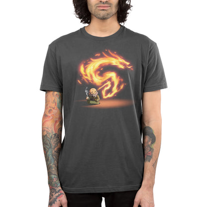 Premium Cotton T-shirt_TeeTurtle charcoal gray The Dragon of the West Premium Cotton T-shirt featuring Iron from Avatar: The Last Airbender who is sitting peacefully on the floor drinking tea and exhaling fire in the shape of a dragon. 
