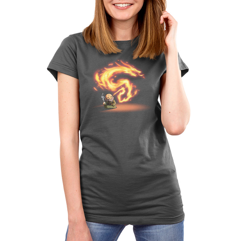 Premium Cotton T-shirt_TeeTurtle charcoal gray The Dragon of the West Premium Cotton T-shirt featuring Iron from Avatar: The Last Airbender who is sitting peacefully on the floor drinking tea and exhaling fire in the shape of a dragon. 