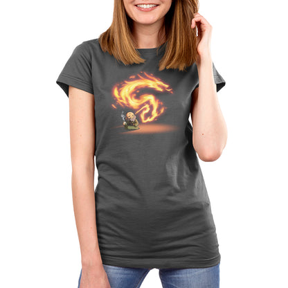 Premium Cotton T-shirt_TeeTurtle charcoal gray The Dragon of the West Premium Cotton T-shirt featuring Iron from Avatar: The Last Airbender who is sitting peacefully on the floor drinking tea and exhaling fire in the shape of a dragon. 