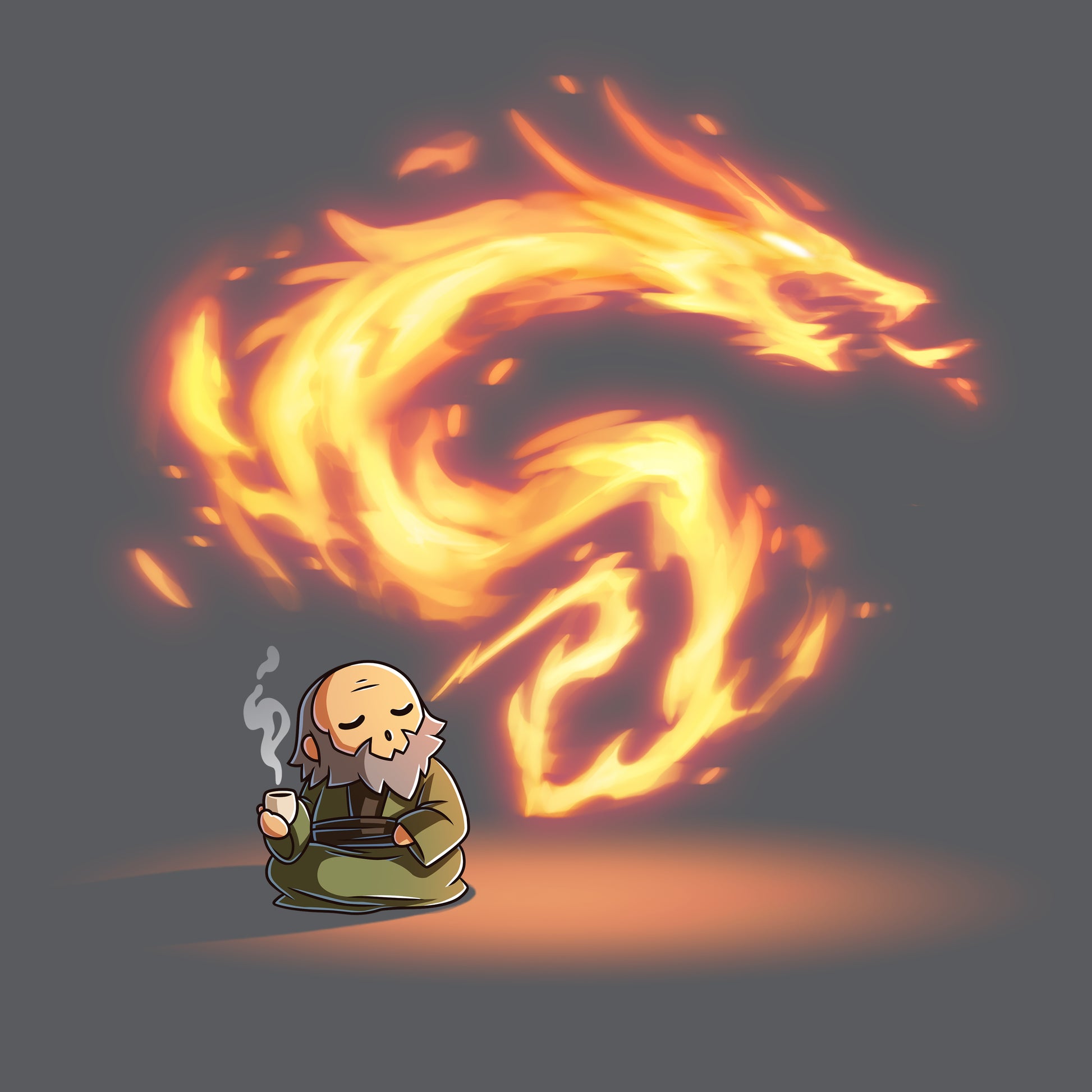 Premium Cotton T-shirt_TeeTurtle charcoal gray The Dragon of the West Premium Cotton T-shirt featuring Iron from Avatar: The Last Airbender who is sitting peacefully on the floor drinking tea and exhaling fire in the shape of a dragon. 
