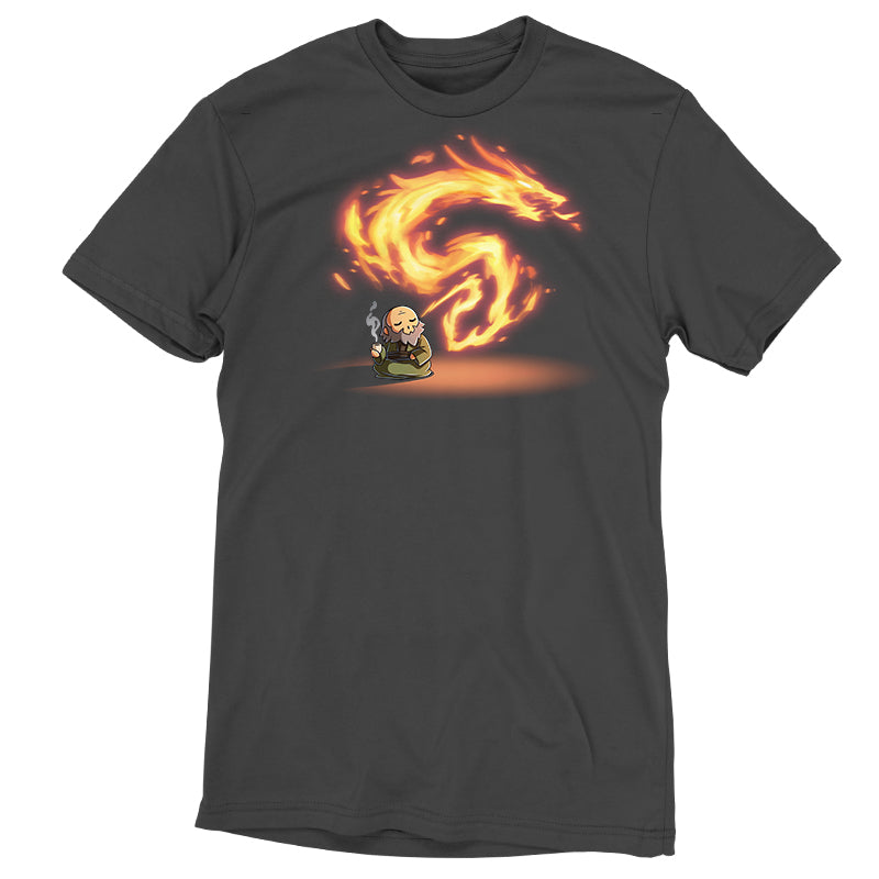 Premium Cotton T-shirt_TeeTurtle charcoal gray The Dragon of the West Premium Cotton T-shirt featuring Iron from Avatar: The Last Airbender who is sitting peacefully on the floor drinking tea and exhaling fire in the shape of a dragon. 