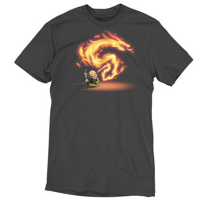 Premium Cotton T-shirt_TeeTurtle charcoal gray The Dragon of the West Premium Cotton T-shirt featuring Iron from Avatar: The Last Airbender who is sitting peacefully on the floor drinking tea and exhaling fire in the shape of a dragon. 
