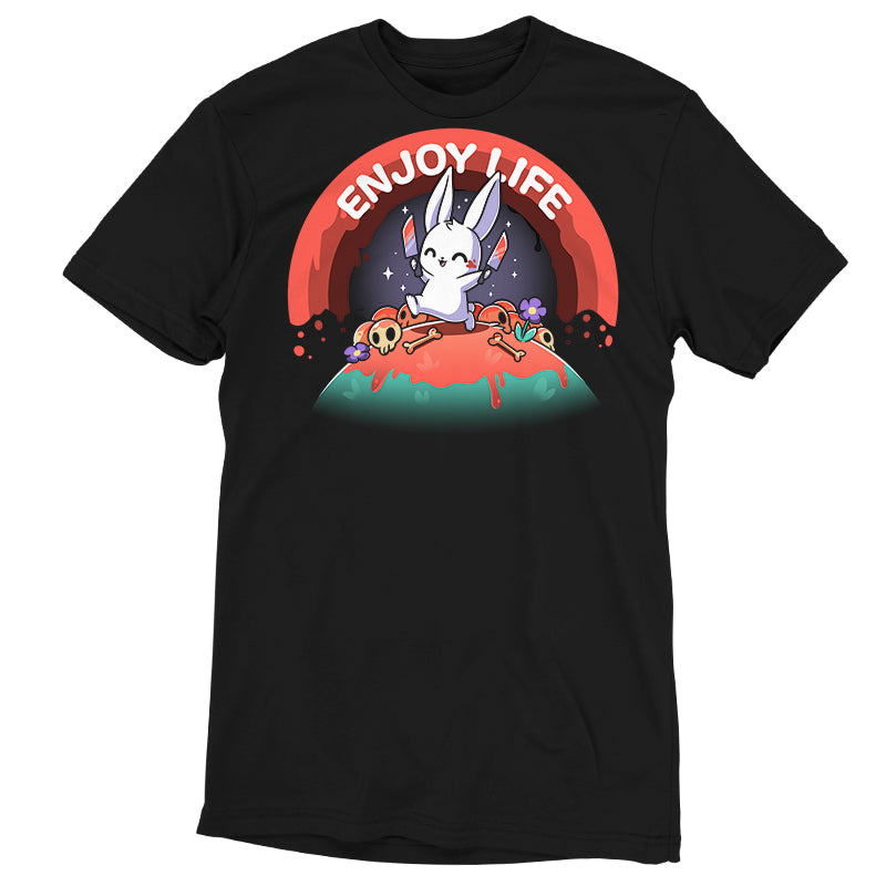 Premium Cotton T-shirt_TeeTurtle black Enjoy Life apparel featuring a bunny holding bloody knives in both paws, and skipping on a grassy hill littered with blood, bones, and purple flowers with a bloody rainbow in the background, and the caption, “Enjoy Life“.
