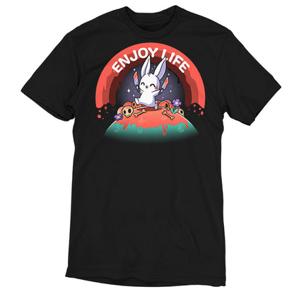 Premium Cotton T-shirt_TeeTurtle black Enjoy Life apparel featuring a bunny holding bloody knives in both paws, and skipping on a grassy hill littered with blood, bones, and purple flowers with a bloody rainbow in the background, and the caption, “Enjoy Life“.