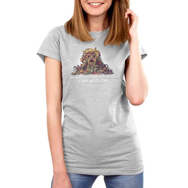 Premium Cotton T-shirt_TeeTurtle silver gray I Am Wisdom apparel featuring Marjory the Trash Heap from Fraggle Rock with her iconic saying as a caption, “I am Orange peels, I am Coffee Grounds, I am Wisdom“.