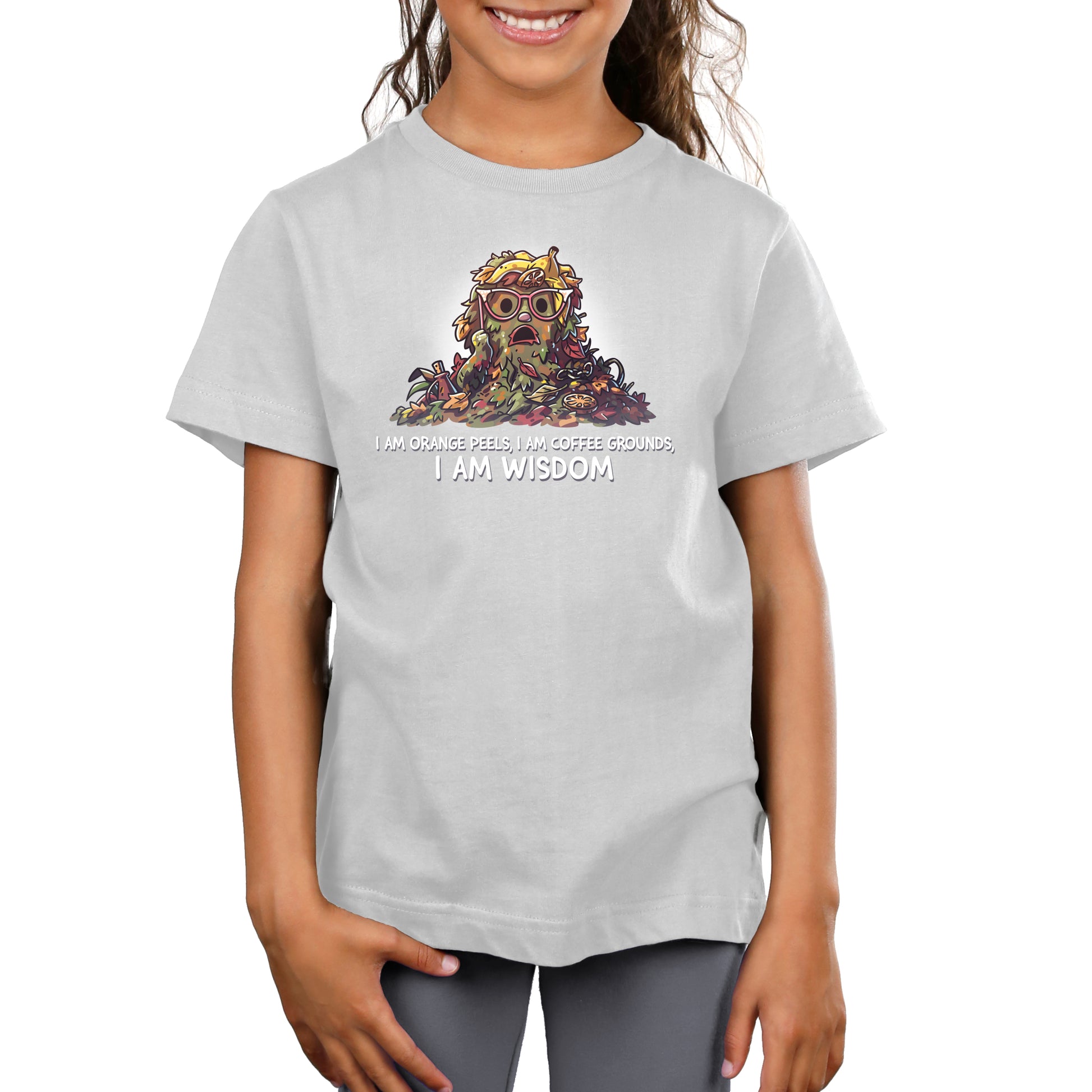 Premium Cotton T-shirt_TeeTurtle silver gray I Am Wisdom apparel featuring Marjory the Trash Heap from Fraggle Rock with her iconic saying as a caption, “I am Orange peels, I am Coffee Grounds, I am Wisdom“.