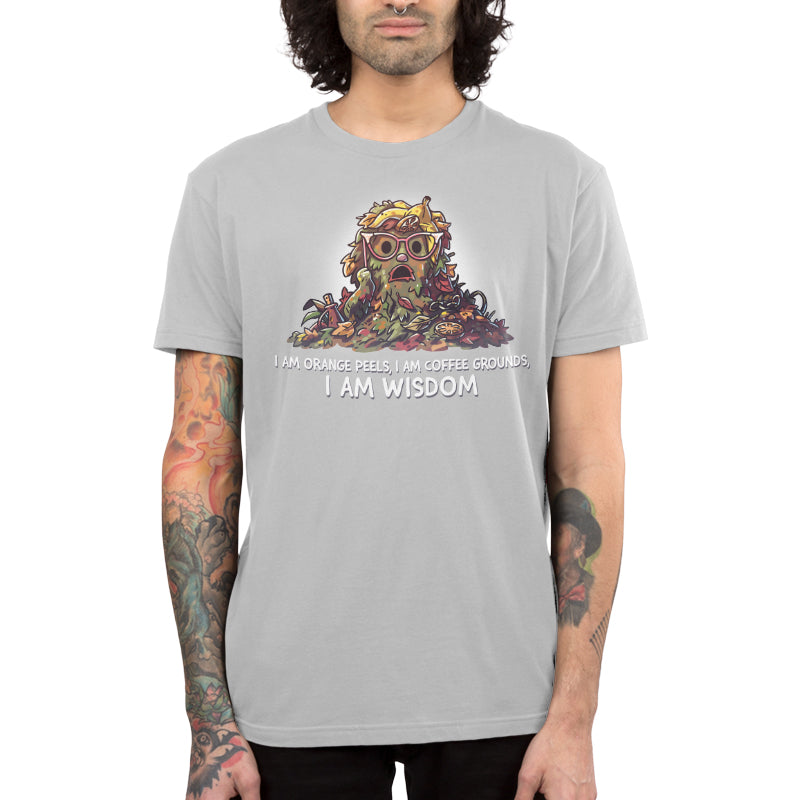 Premium Cotton T-shirt_TeeTurtle silver gray I Am Wisdom apparel featuring Marjory the Trash Heap from Fraggle Rock with her iconic saying as a caption, “I am Orange peels, I am Coffee Grounds, I am Wisdom“.