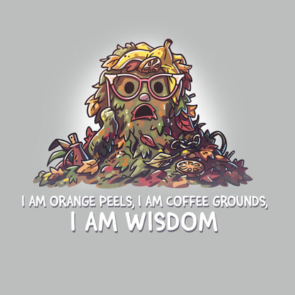 Premium Cotton T-shirt_TeeTurtle silver gray I Am Wisdom apparel featuring Marjory the Trash Heap from Fraggle Rock with her iconic saying as a caption, “I am Orange peels, I am Coffee Grounds, I am Wisdom“.