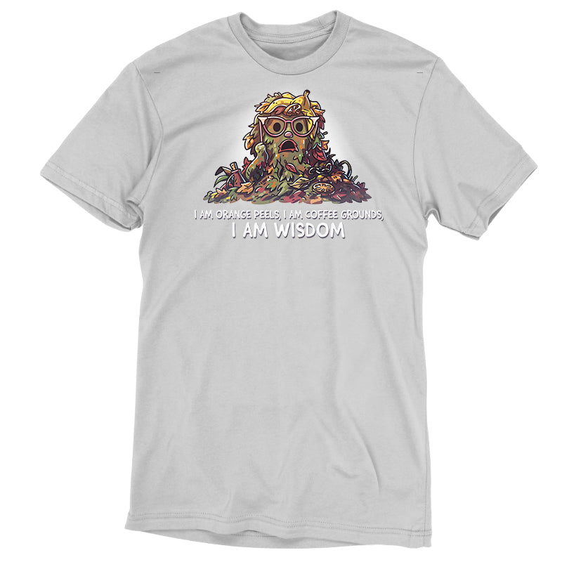 Premium Cotton T-shirt_TeeTurtle silver gray I Am Wisdom apparel featuring Marjory the Trash Heap from Fraggle Rock with her iconic saying as a caption, “I am Orange peels, I am Coffee Grounds, I am Wisdom“.