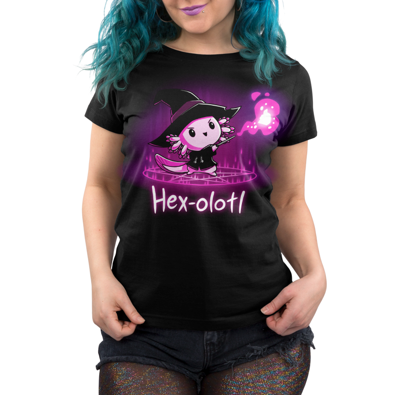 Premium Cotton T-shirt_TeeTurtle Hex-olotl black t-shirt featuring an illustration of a cartoon axolotl witch wearing a black witch's hat and black robe holding a wand and casting a spell with vibrant pink/purple magical energy emanating from the wand while standing on a pentagram with "Hex-olotl" written underneath. The colors within the design are a gradient of deep purple and magenta hues.