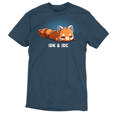 Premium Cotton T-shirt_TeeTurtle denim blue IDK & IDC apparel featuring a red panda lying on its stomach with a deadpan expression.