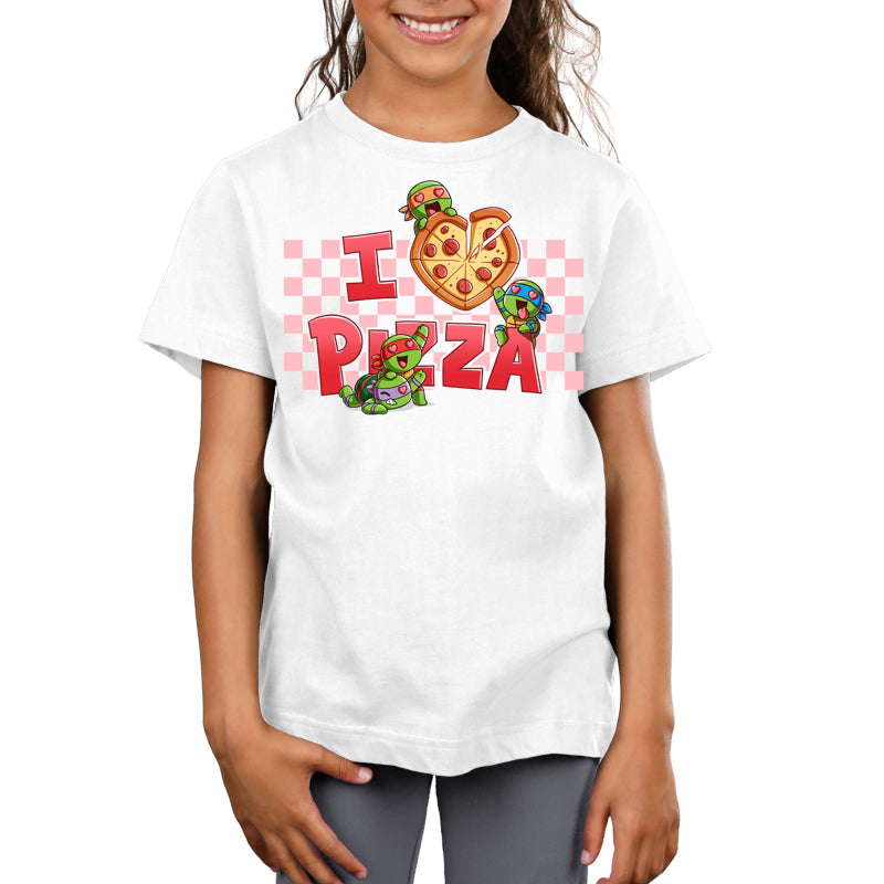 Premium Cotton T-shirt_TeeTurtle white I Love Pizza apparel featuring the caption, “I Heart Pizza“, with the heart as a heart-shaped pizza, and Leonardo, Michelangelo, Donatello, and Raphael with heart eyes fighting over the pizza.