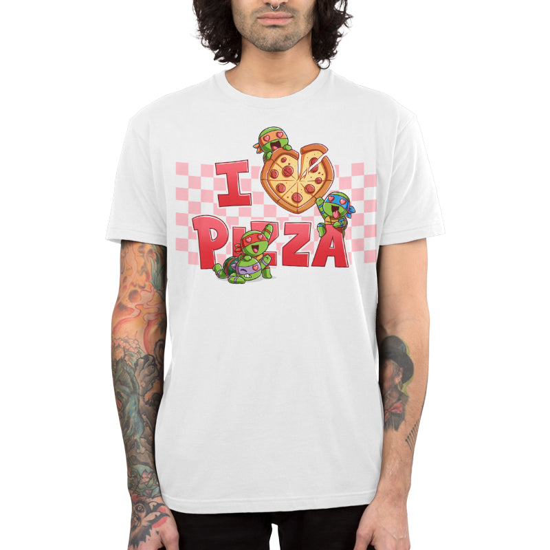 Premium Cotton T-shirt_TeeTurtle white I Love Pizza apparel featuring the caption, “I Heart Pizza“, with the heart as a heart-shaped pizza, and Leonardo, Michelangelo, Donatello, and Raphael with heart eyes fighting over the pizza.
