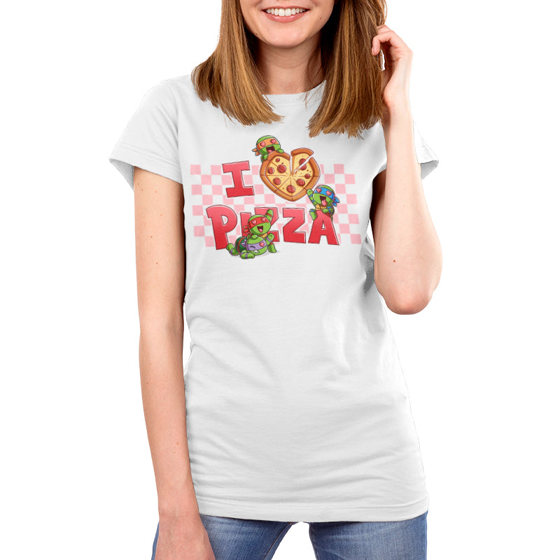 Premium Cotton T-shirt_TeeTurtle white I Love Pizza apparel featuring the caption, “I Heart Pizza“, with the heart as a heart-shaped pizza, and Leonardo, Michelangelo, Donatello, and Raphael with heart eyes fighting over the pizza.