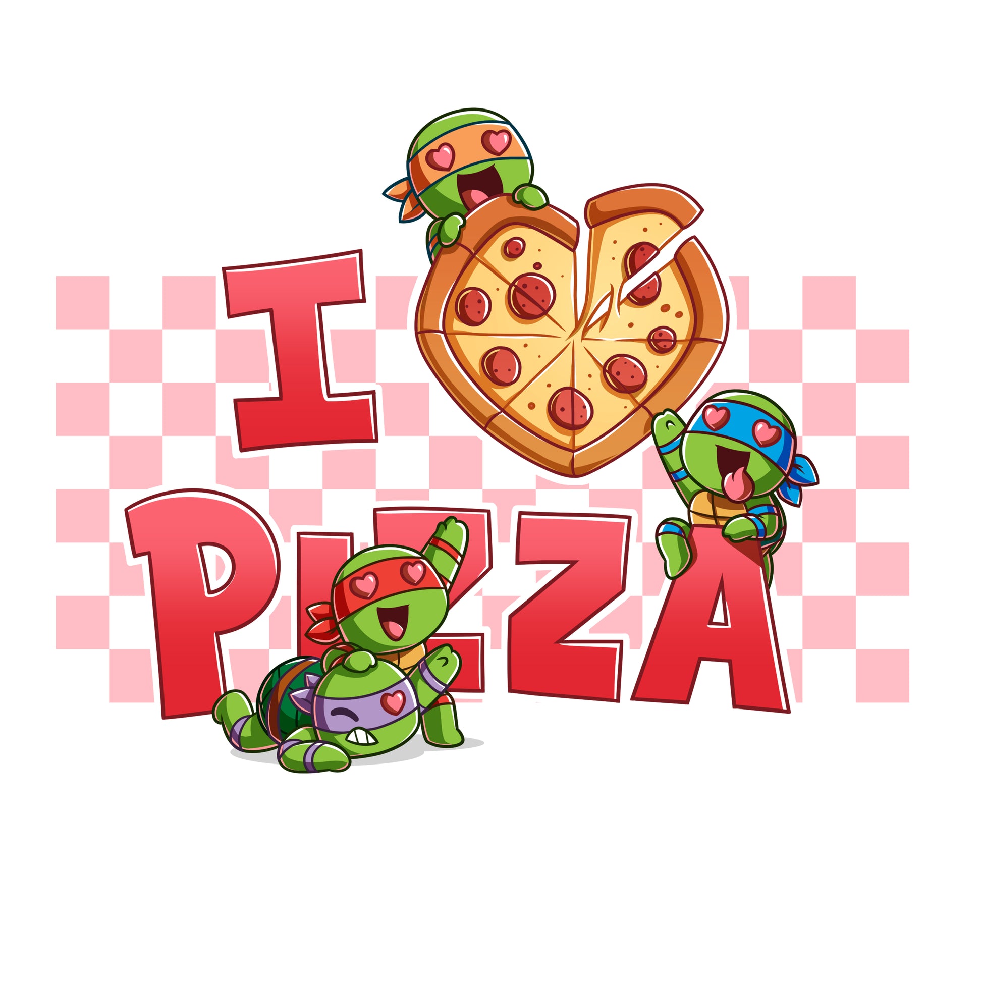 Premium Cotton T-shirt_TeeTurtle white I Love Pizza apparel featuring the caption, “I Heart Pizza“, with the heart as a heart-shaped pizza, and Leonardo, Michelangelo, Donatello, and Raphael with heart eyes fighting over the pizza.