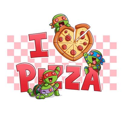 Premium Cotton T-shirt_TeeTurtle white I Love Pizza apparel featuring the caption, “I Heart Pizza“, with the heart as a heart-shaped pizza, and Leonardo, Michelangelo, Donatello, and Raphael with heart eyes fighting over the pizza.