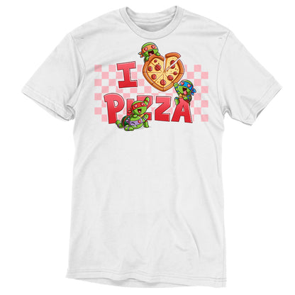 Premium Cotton T-shirt_TeeTurtle white I Love Pizza apparel featuring the caption, “I Heart Pizza“, with the heart as a heart-shaped pizza, and Leonardo, Michelangelo, Donatello, and Raphael with heart eyes fighting over the pizza.