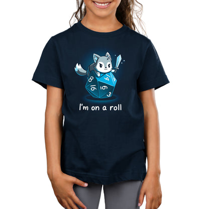 Premium Cotton T-shirt_TeeTurtle I'm on a Roll navy blue t-shirt featuring a gray and white fox smirking and holding a sword on top of a blue dice with the numbers 3, 4, 6, 8, 14, and 16 on it. The words "I'm on a roll" are written underneath. 