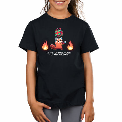 Premium Cotton T-shirt_TeeTurtle black It's Dangerous To Go Alone apparel featuring a red panda holding a floating present surrounded by two flames.