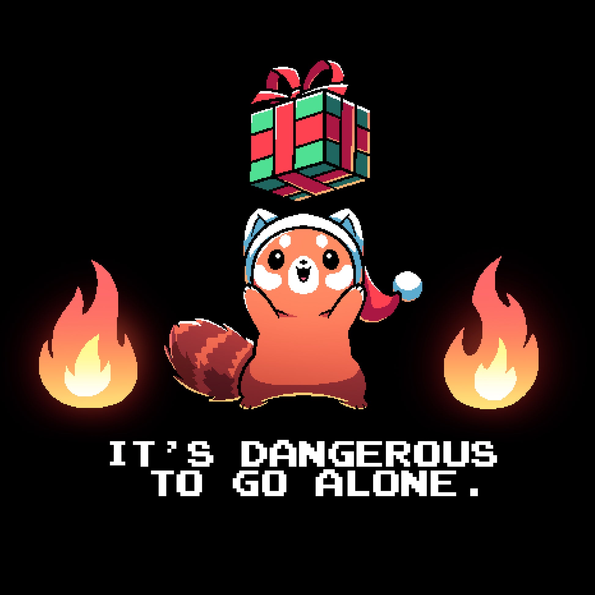 Premium Cotton T-shirt_TeeTurtle black It's Dangerous To Go Alone apparel featuring a red panda holding a floating present surrounded by two flames.