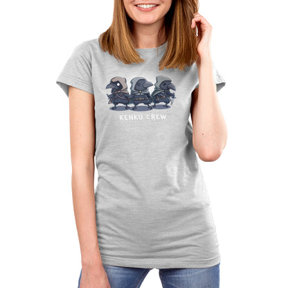 Premium Cotton T-shirt_TeeTurtle silver gray Kenku Crew apparel featuring three hooded Kenku from Dungeons & Dragons with the lefthand Kenku holding a sword, and the righthand Kenku holding a small dagger.