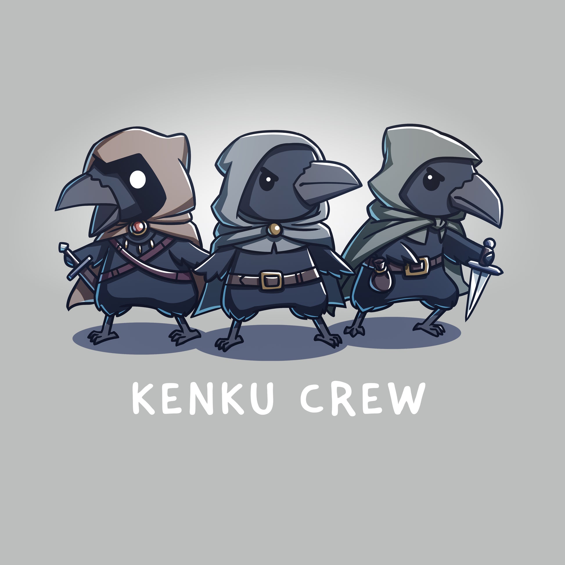 Premium Cotton T-shirt_TeeTurtle silver gray Kenku Crew apparel featuring three hooded Kenku from Dungeons & Dragons with the lefthand Kenku holding a sword, and the righthand Kenku holding a small dagger.