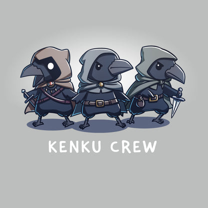 Premium Cotton T-shirt_TeeTurtle silver gray Kenku Crew apparel featuring three hooded Kenku from Dungeons & Dragons with the lefthand Kenku holding a sword, and the righthand Kenku holding a small dagger.