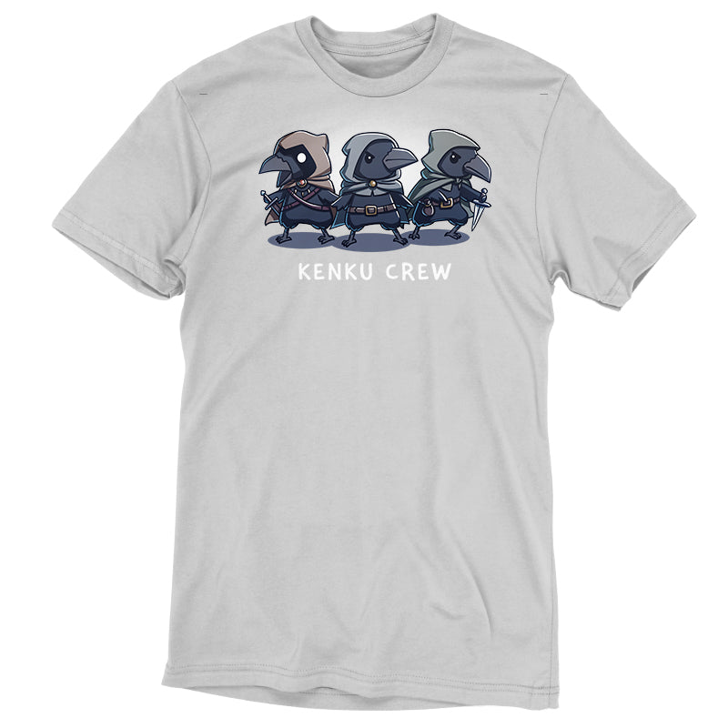 Premium Cotton T-shirt_TeeTurtle silver gray Kenku Crew apparel featuring three hooded Kenku from Dungeons & Dragons with the lefthand Kenku holding a sword, and the righthand Kenku holding a small dagger.