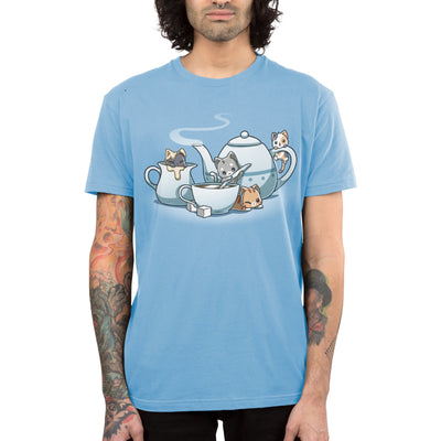 Premium Cotton T-shirt_TeeTurtle light blue Kit-tea Party apparel featuring several kittens playing on a gigantic tea set. 