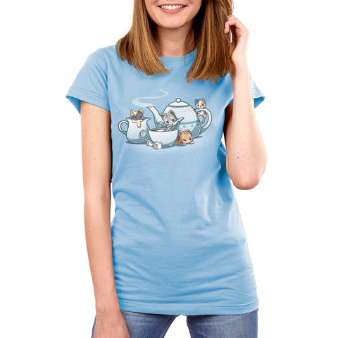 Premium Cotton T-shirt_TeeTurtle light blue Kit-tea Party apparel featuring several kittens playing on a gigantic tea set. 