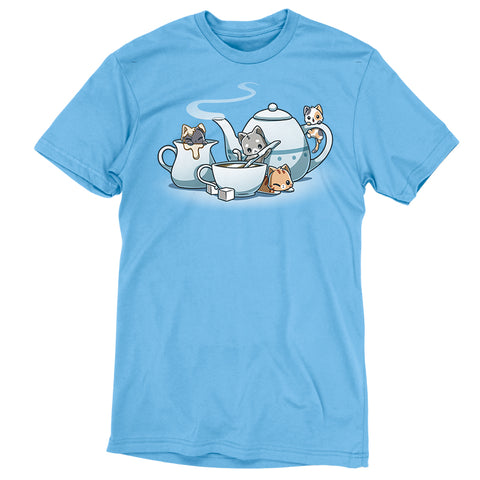 Premium Cotton T-shirt_TeeTurtle light blue Kit-tea Party apparel featuring several kittens playing on a gigantic tea set. 