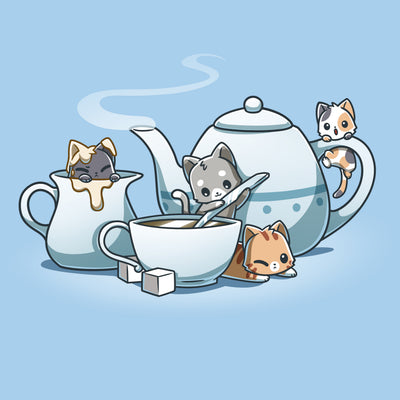 Premium Cotton T-shirt_TeeTurtle light blue Kit-tea Party apparel featuring several kittens playing on a gigantic tea set. 