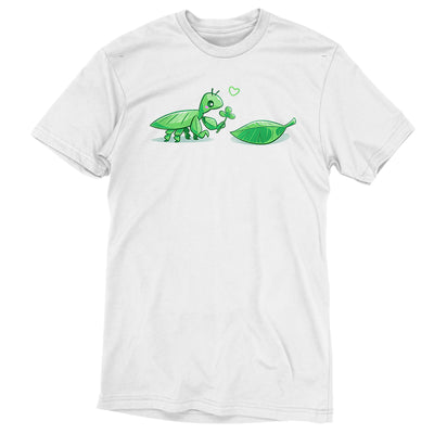 Premium Cotton T-shirt_TeeTurtle white Leaf Bug Love Story apparel featuring a leaf insect presenting a three-leaf clover to a leaf.
