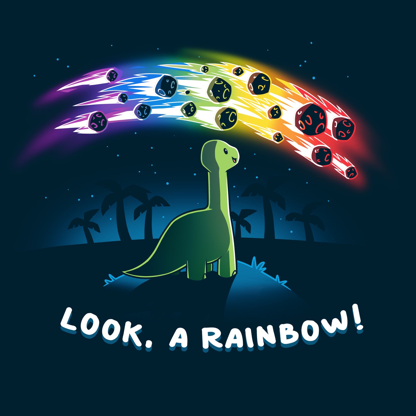 Premium Cotton T-shirt_TeeTurtle Look, a Rainbow! navy blue t-shirt featuring a green dinosaur looking up at rainbow asteroids in the starry night sky. The background is filled with black palm trees in the distance being illuminated from the asteroids, with "LOOK, A RAINBOW!" written underneath the illustration.