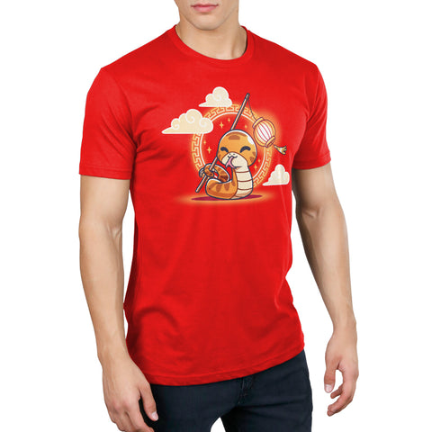 Premium Cotton T-shirt_TeeTurtle red Lunar New Year Snake apparel featuring a snake holding a stick with a lantern at the end with its tail with Lunar New Year elements in the background.
