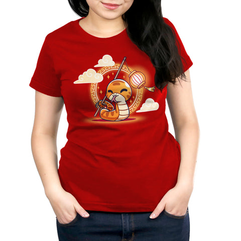 Premium Cotton T-shirt_TeeTurtle red Lunar New Year Snake apparel featuring a snake holding a stick with a lantern at the end with its tail with Lunar New Year elements in the background.