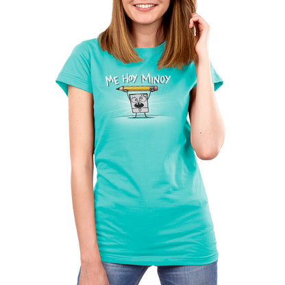Premium Cotton T-shirt_TeeTurtle Caribbean blue Me Hoy Minoy apparel featuring DoodleBob from SpongeBob SquarePants yelling, “Me Hoy Minoy“ while holding up a pencil in the air with both arms, and floral outlines in the background.